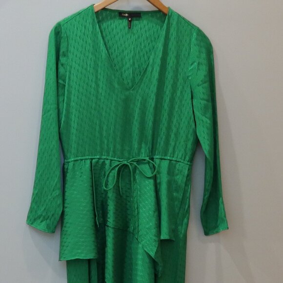 MAJE RAMIA Dress bright green satin midi hi lo asymmetric 4 party holiday fairy - Picture 4 of 12